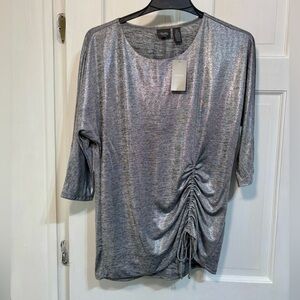 NWT Chico's 0 Travelers 3/4 Sleeve silver metallic Ruched Knit size small